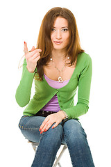 Image showing woman gesturing pointing up