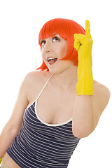 Image showing woman in red wig and yellow gloves