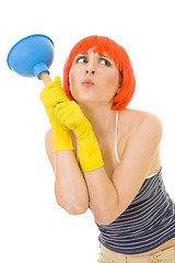 Image showing lovely young woman with cleaning toold