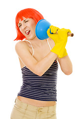 Image showing Woman with disgusted cleaning tool