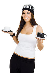 Image showing woman with black and white cups