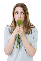 Image showing woried woman with onion