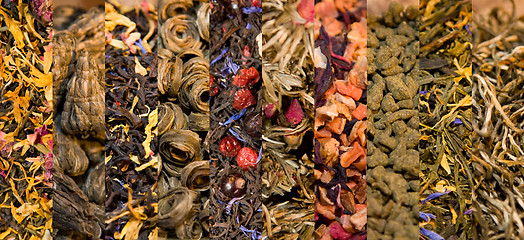 Image showing Collage of black and green tea