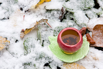 Image showing A cup of tea on a background of snow-covered leaves