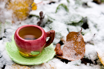 Image showing A cup of tea on a background of snow-covered leaves