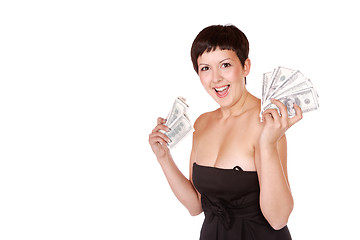 Image showing Attractive woman takes lot of 100 dollar bills