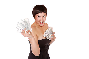 Image showing Attractive woman takes lot of 100 dollar bills