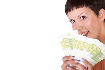 Image showing Happy woman with group of euro bills Isolated.