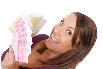 Image showing Happy woman with group of euro bills Isolated.