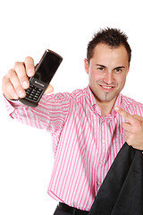 Image showing Happy businessman holding laptop computer