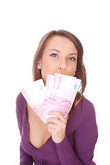 Image showing Happy woman with group of euro bills Isolated.