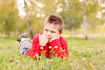 Image showing Kid laying down on grass