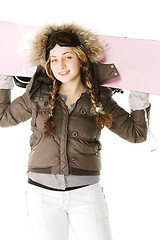 Image showing Pink snowboard on woman shoulders