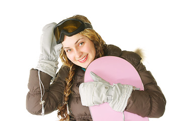 Image showing Woman with pink snowboard