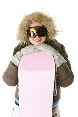 Image showing Smiling woman in hood with snowboard