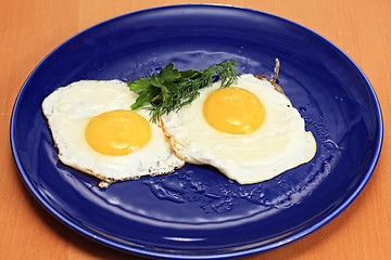 Image showing Fried eggs in blue plate