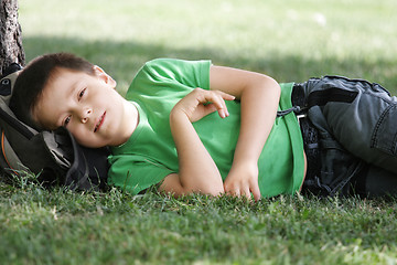 Image showing Boy laying down under tree