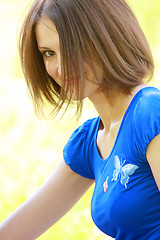 Image showing Woman in blue with long fringe