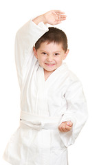 Image showing Funny karate kid in defense stance