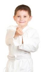 Image showing Funny karate kid punches with right fists