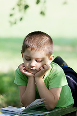 Image showing Little boy reading book in park