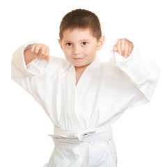 Image showing Funny karate kid raising hands