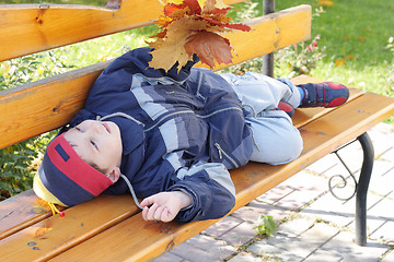 Image showing Little boy laying on bench