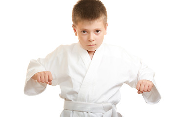 Image showing Karate boy limbering up