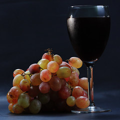 Image showing Glass of red wine and grapes sideview
