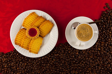 Image showing coffee cup from above with coffee beans