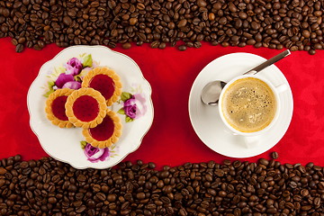 Image showing coffee cup from above with coffee beans