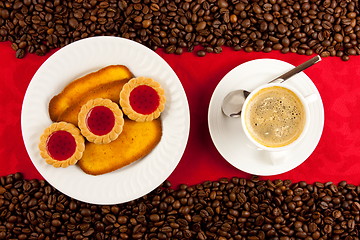 Image showing coffee cup from above with coffee beans