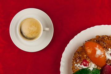 Image showing white cup of coffee  on red background