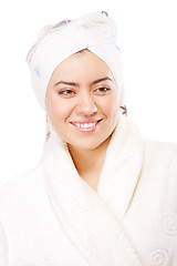 Image showing Positive woman in bathrobe