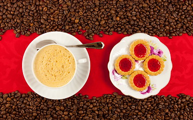 Image showing coffee cup from above with coffee beans