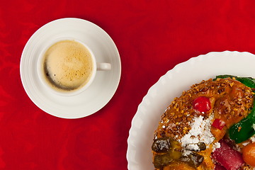 Image showing white cup of coffee  on red background