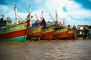 Image showing Boats in Mekong Delta harbour