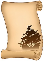 Image showing Old scroll with mysterious ship silhouette