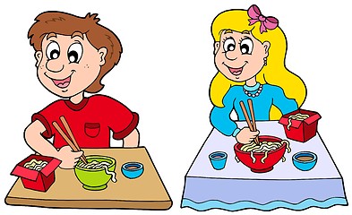 Image showing Boy and girl eating Chinese food