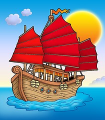 Image showing Traditional Chinese ship with sunset