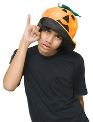 Image showing Teenager w pumpkin hat