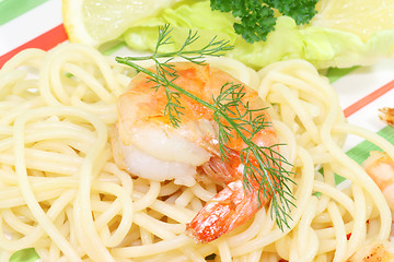 Image showing Spaghetti with shrimps