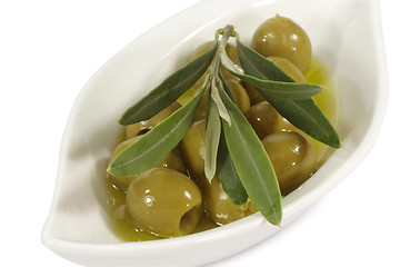 Image showing Green olives in olive oil