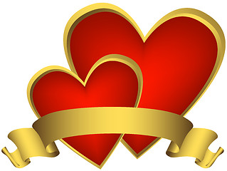 Image showing Two red hearts with golden ribbon 