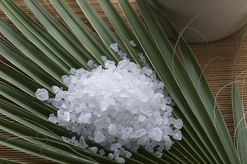 Image showing bath salt and palm leaf