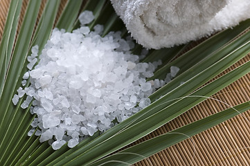 Image showing bath salt and palm leaf