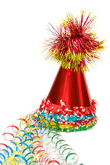 Image showing Colorful party caps with colored ribbons