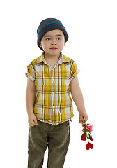 Image showing cute boy with flower and heart gift
