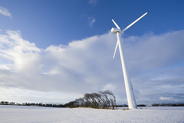 Image showing Wind turbine and windy trees