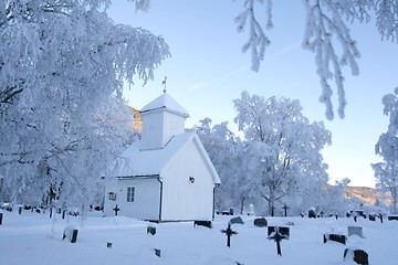 Image showing White chapel and cemetery